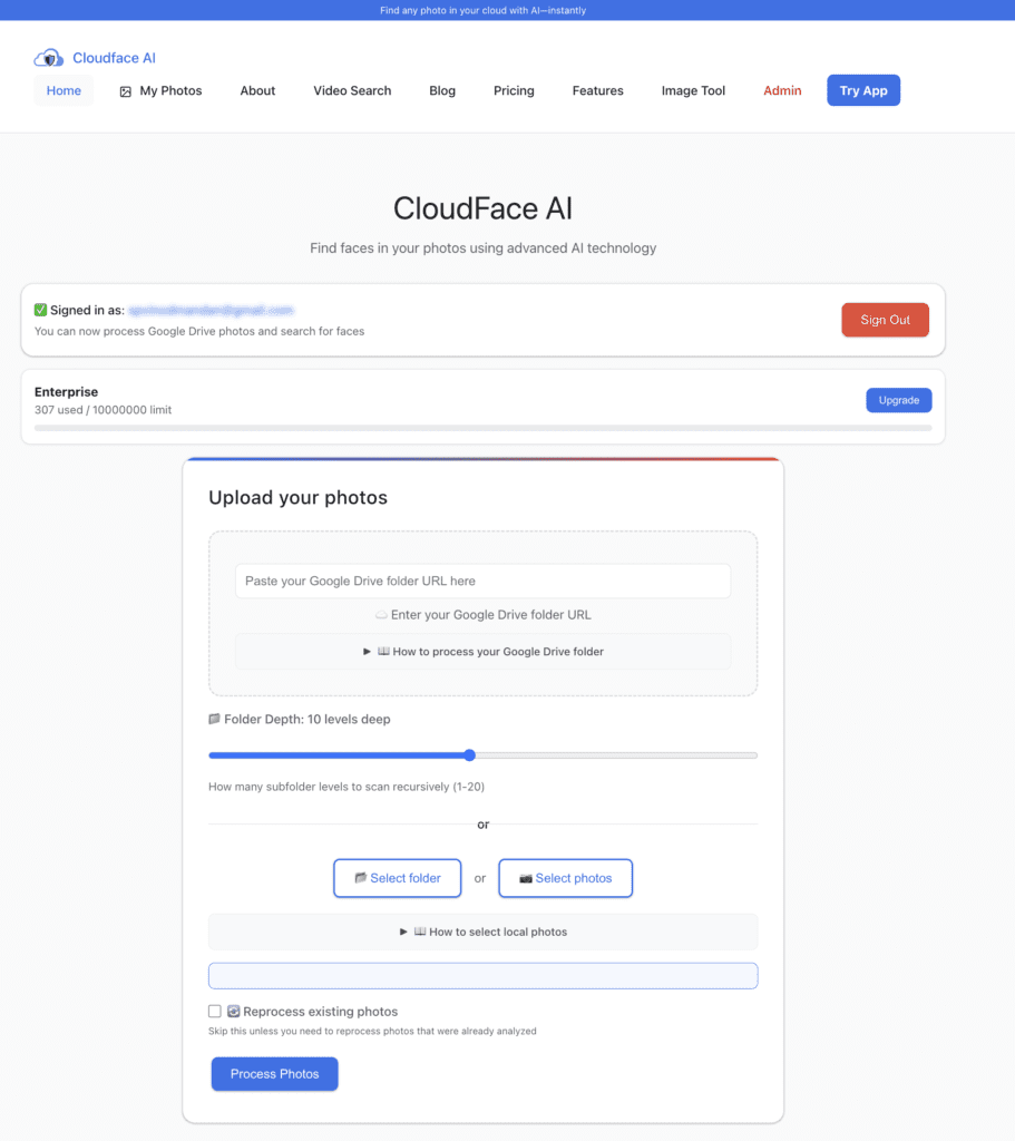 CloudFace AI photo sharing dashboard for photographers